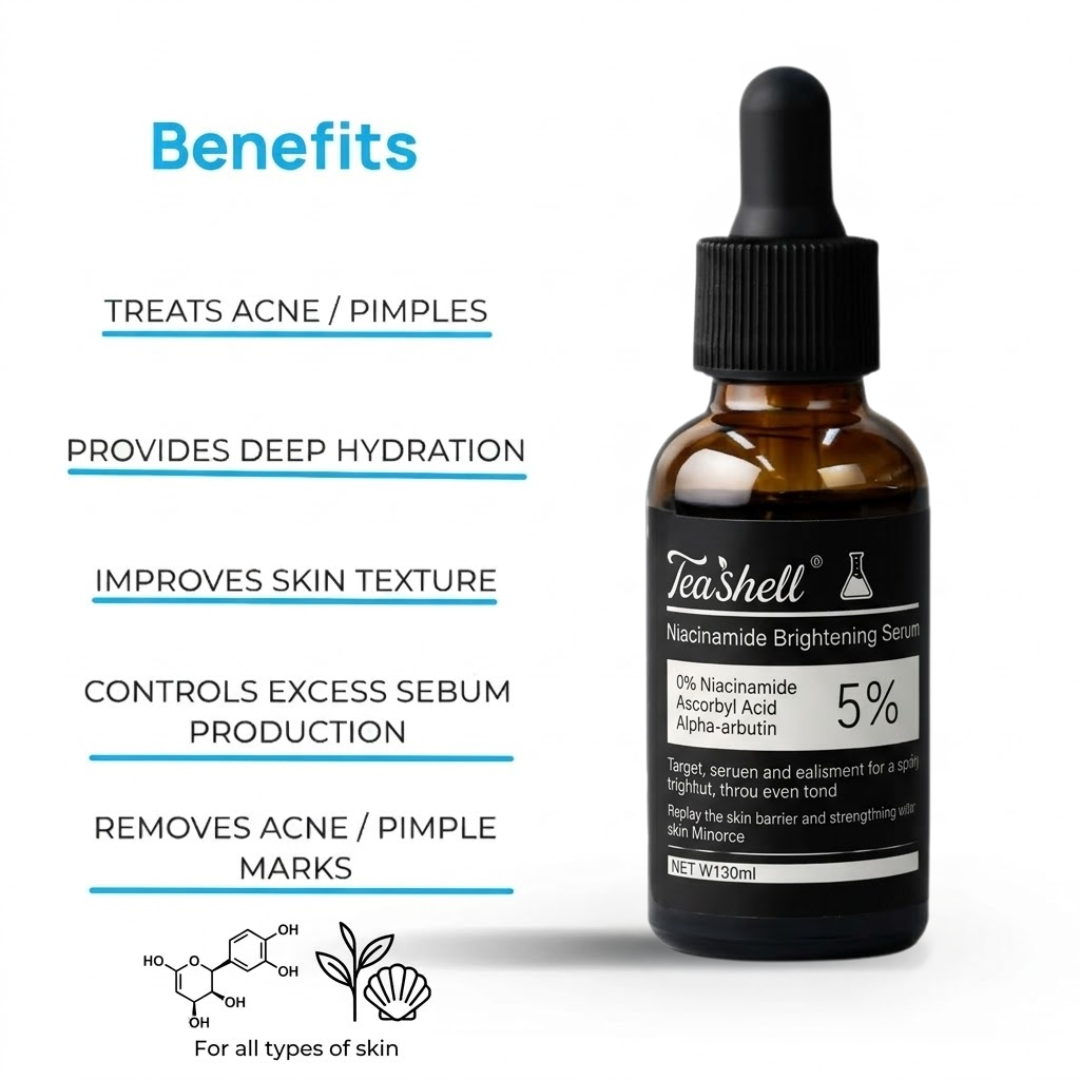 Teashell Niacinamide Brightening Serum | 5% Niacinamide + Alpha-Arbutin + Ascorbyl Acid | Fades Dark Spots, Evens Skin Tone & Boosts Glow (Buy 1 Get 1 Free)