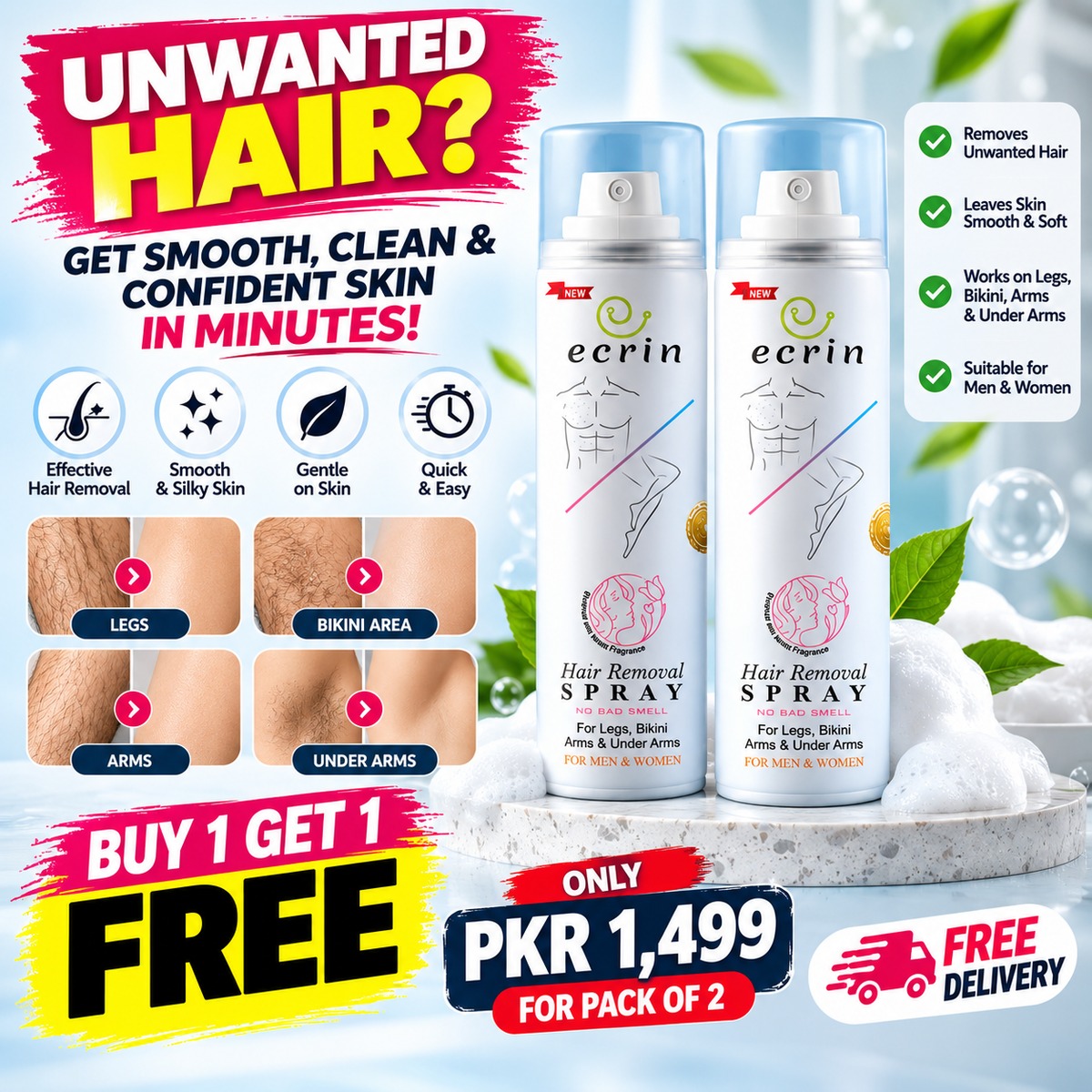 New Ecrin Hair Removal Foaming Spray (200ml) (Pack of 2)