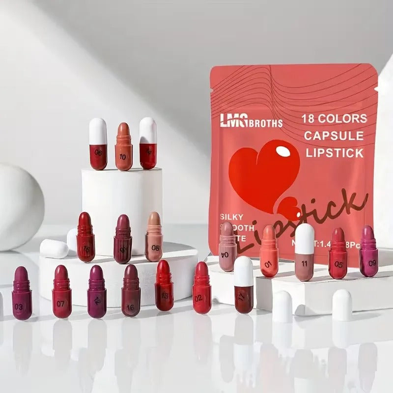18-Color Capsule Mini Lipstick Pods (Travel Size)