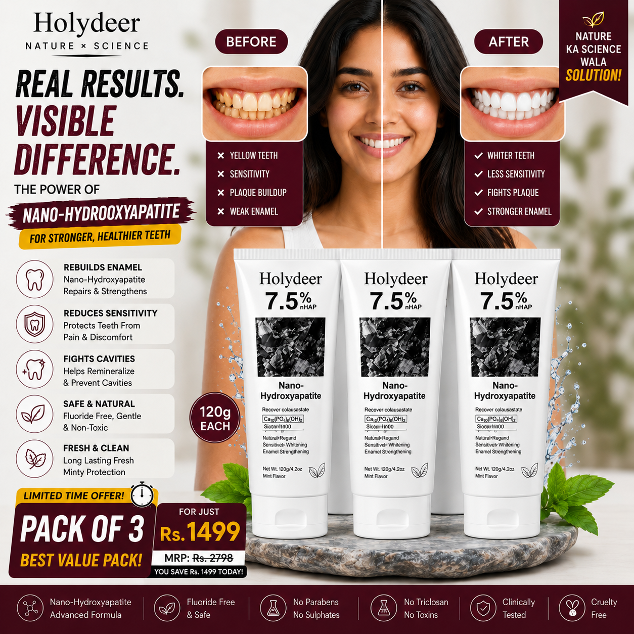 Holydeer Nano Hydroxyapatite Toothpaste Pack of 3